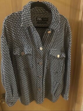 ZARA Black and White Textured Button Jacket